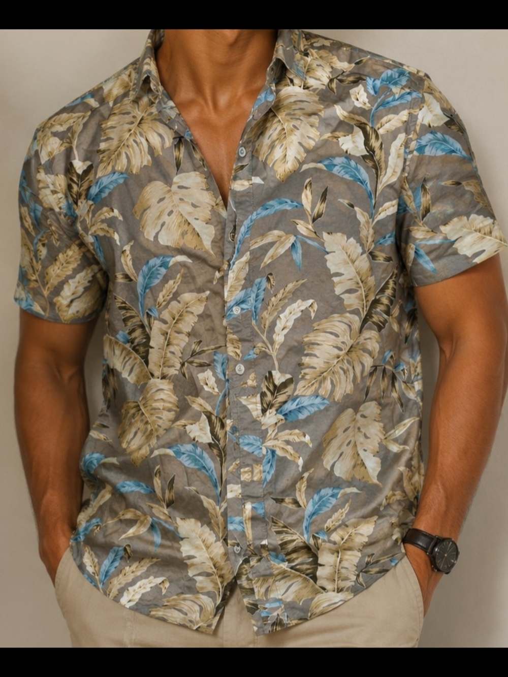 Denim & Flower Short-Sleeve Button-Down Tropical Shirt in Gray, Blue & Tan
